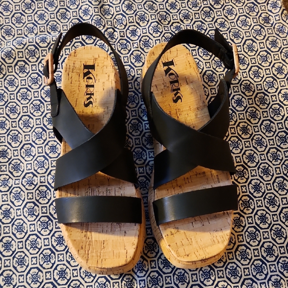 Kork-Ease Black and Tan Strappy Sandals - Picture 2 of 12